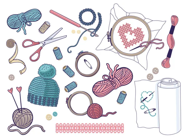 Knitting Crocheting Handmade Hobby Elements Vector Isolated Objects White Background — ストックベクタ