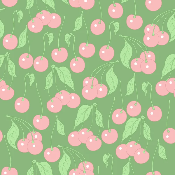 Seamless pattern with cherries on a green background — Stock Vector
