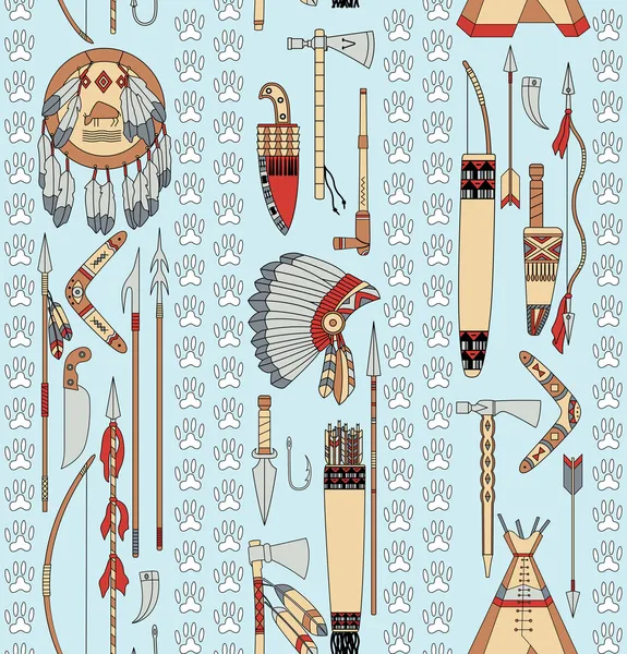 Seamless pattern with Native American attributes and animal trac — Stock Vector