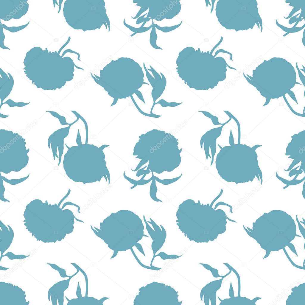 Seamless vector pattern with blue silhouettes of peonies on white background. Can be used for graphic design, textile design or web design.