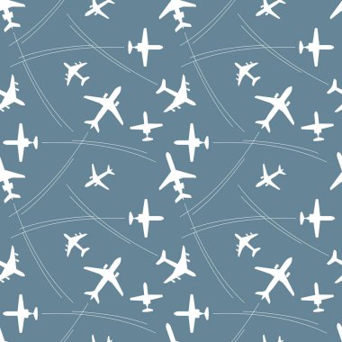 Yolcu uçaklarının beyaz siluetleri ve koyu mavi arka planda uçuş yolları olan kusursuz vektör deseni. Grafik tasarımı, tekstil tasarımı veya web tasarımı için kullanılabilir.