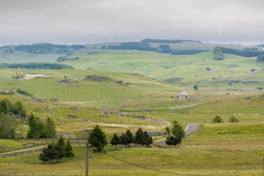 Yağmurlu bir gökyüzünün altında Aubrac 'ın çayırlarının manzarası