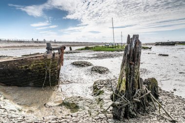 Noirmoutier tekne mezarlığı. Eski ahşap bir balıkçı teknesinin enkazı alçak gelgitte çamurdan çıkar.