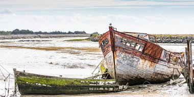 Noirmoutier tekne mezarlığı. Bir grup eski ahşap balıkçı teknesi çamurun üstüne yığılmış..