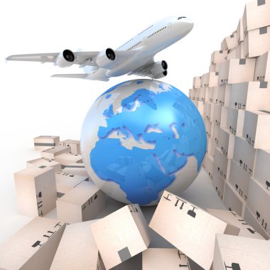 Airliner with a globe and boxes clipart