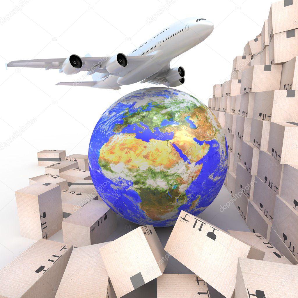 Airliner with a globe and boxes