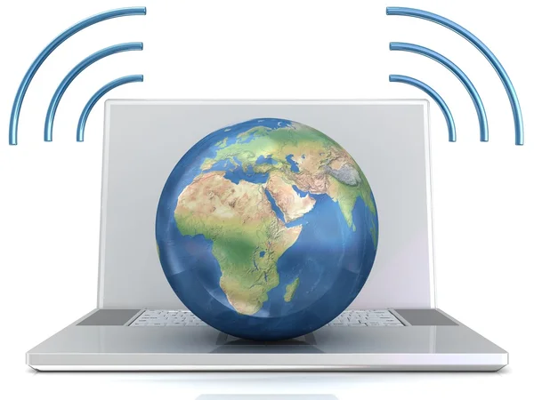 Laptop, wifi en globe. — Stockfoto