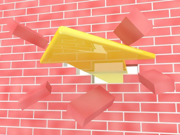 Gelber Pfeil durchbricht Ziegelmauer — Stockfoto