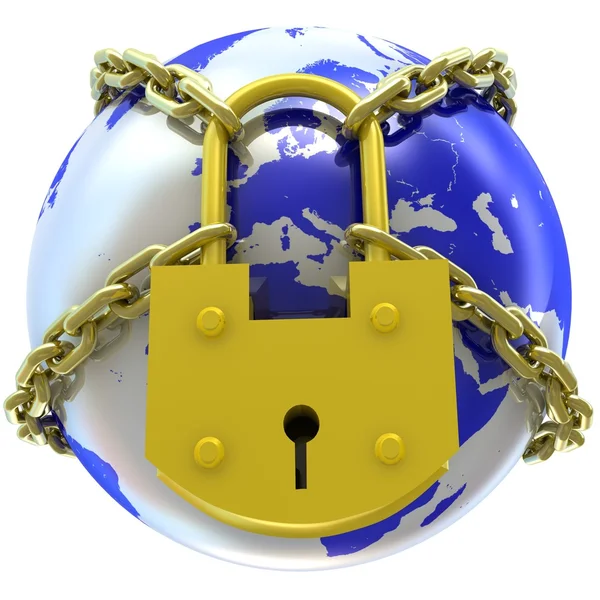 Earth globe close in chain and padlock — Stock Photo, Image