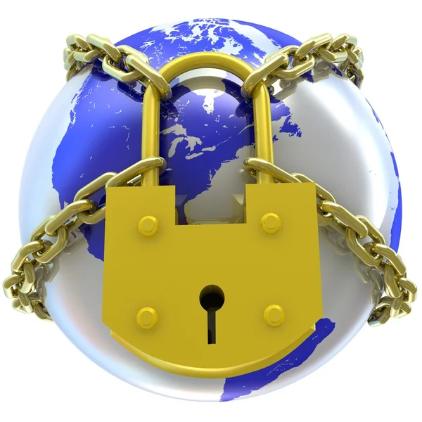 Earth globe close in chain and padlock — Stock Photo, Image