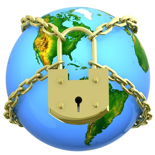 Earth globe close in chain and padlock — Stock Photo, Image