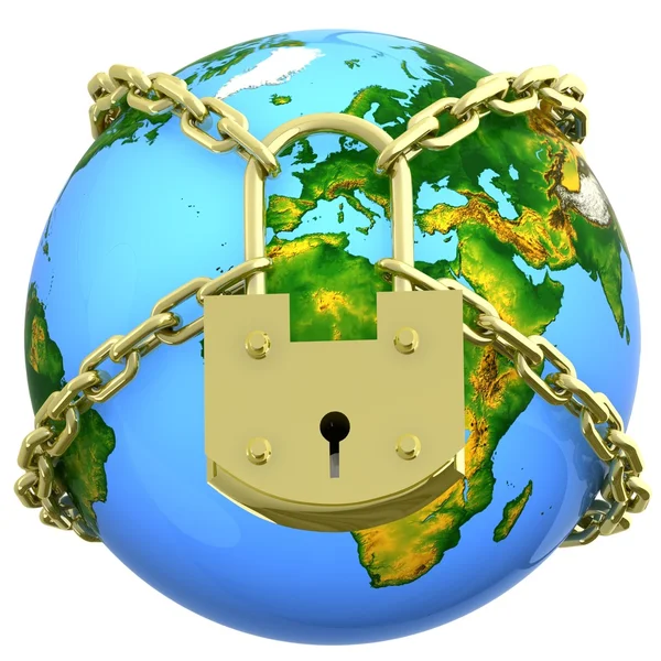 Earth globe close in chain and padlock — Stock Photo, Image