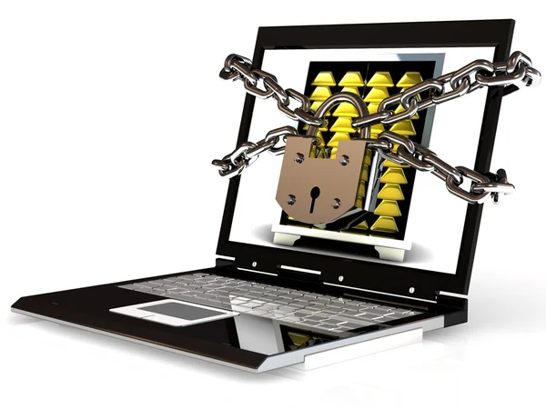 Seguridad de la PC. Portátil con cadena y cerradura . — Foto de Stock