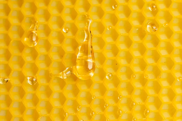 Macro photos gouttes de miel coulant vers le bas sur cire jaune, fond de texture — Photo