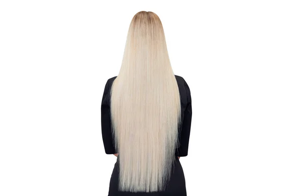 Cheveux sains dos blond féminin, fond blanc isolé. Concept soin de traitement — Photo