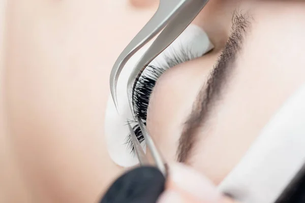 Closeup Eyelash extension procedure. Master tweezers black fake long lashes beautiful female eyes — Stock Photo, Image