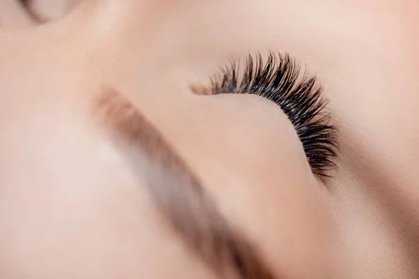 Procedura wydłużania rzęs. Klasyczny tom czarny fake długie rzęsy piękne kobiece oczy — Zdjęcie stockowe