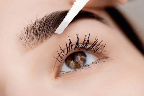 Master tweezers depilation of eyebrow hair in women, brow correction — Stock Photo, Image