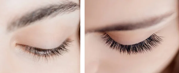 Eyelash extension procedure before and after. Beautiful woman with long lash in beauty salon — Stock Photo, Image