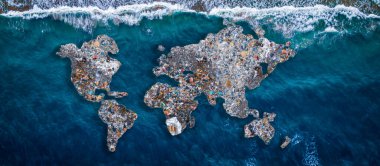 Çevreyi plastik kirlilik okyanusu ve insan atıklarıyla kavrayın. Kıtalar, yeryüzü, suyla çevrili çöplerden oluşur.