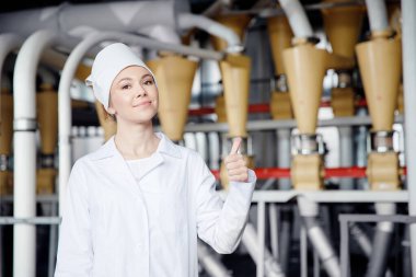 Buğday unu üretimi için arka plandaki elektrik değirmeni makinesinde çalışan operatör kadın. Modern gıda endüstrisi kavramı