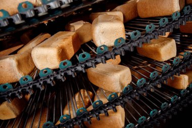 Sıcak fırından otomatik üretim hattı fırınında kare şeklinde ekmek, üst görüş