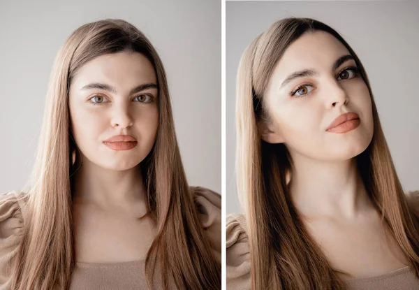 Procedimiento de extensión de pestañas antes y después. Hermosa mujer ojos marrones con larga pestaña en el salón de belleza —  Fotos de Stock