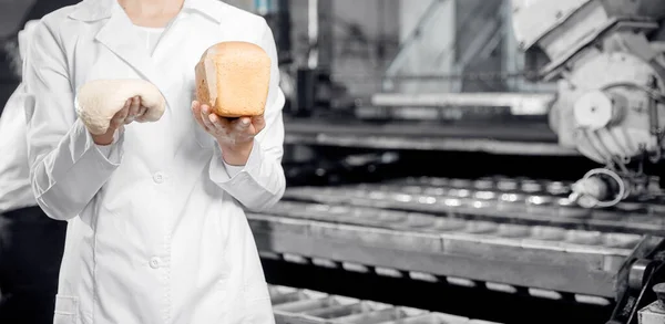 Banner bakker vrouw met deeg en vers brood in handen op de achtergrond automatische transportband van voedsel bakkerij fabriek — Stockfoto