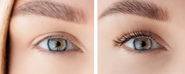 Procedimento de extensão das pestanas antes e depois. Mulher bonita olhos verdes com chicote longo no salão de beleza — Fotografia de Stock