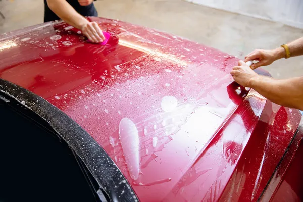 Concepto de protección de pintura PPF es la instalación de película de poliuretano en la campana coche de lujo moderno —  Fotos de Stock