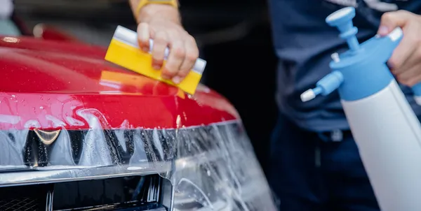 Защита от краски PPF - это установка полиуретановой пленки на капот современного автомобиля класса люкс — стоковое фото