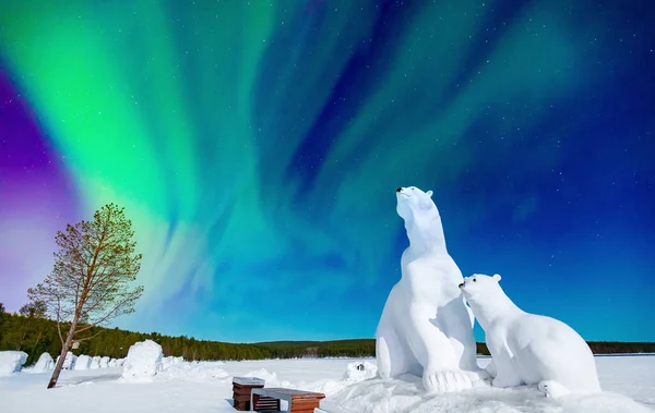 Arktický lední medvěd na pozadí polární záře a noční hvězdné oblohy. Koncept Northern Lights cestovní prapor — Stock fotografie