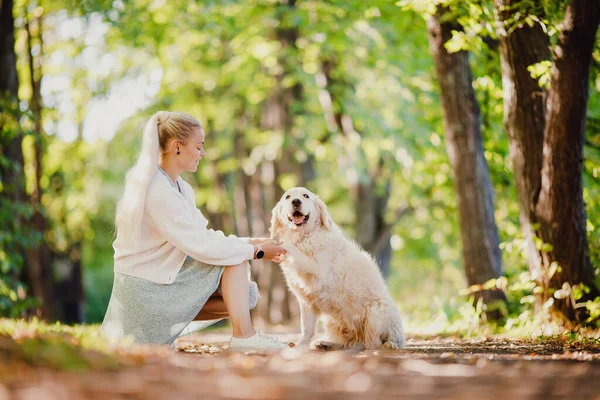 Mooie jonge vrouw met hond op achtergrond zomerpark. Concept Vriendschap meisje en golden retriever — Stockfoto