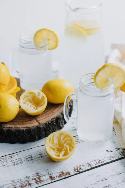 Jar Glass Lemonade Drink Yellow Lemons Lime White Background Latin — стоковое фото