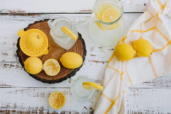 Jar Glass Lemonade Drink Yellow Lemons Lime White Background Latin — стоковое фото