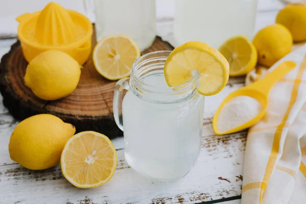 Jar Glass Lemonade Drink Yellow Lemons Lime White Background Latin — Foto de Stock