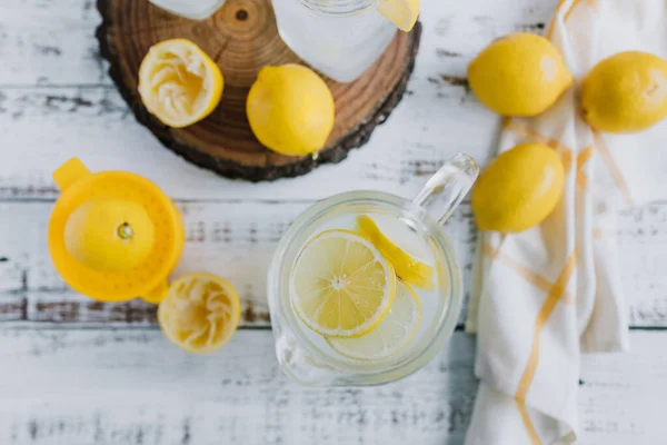 Jar Glass Lemonade Drink Yellow Lemons Lime White Background Latin — Foto de Stock