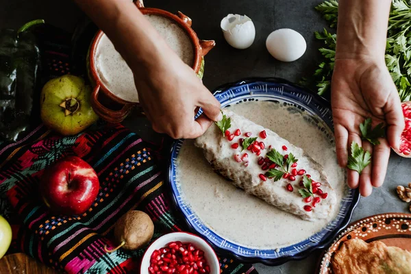 Mexican Woman Cooking Chiles Nogada Recipe Poblano Chili Ingredients Traditional —  Fotos de Stock
