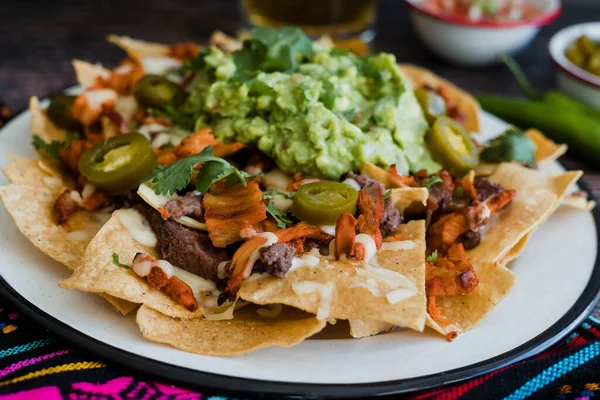 Nacho Tortilla Meat Avocado Cheese Mexican Food Mexico — Stock Photo, Image