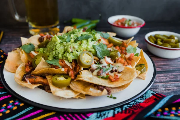 Nacho Tortilla Meat Avocado Cheese Mexican Food Mexico — Foto de Stock