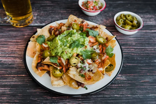 Nacho Tortilla Meat Avocado Cheese Mexican Food Mexico — Foto de Stock