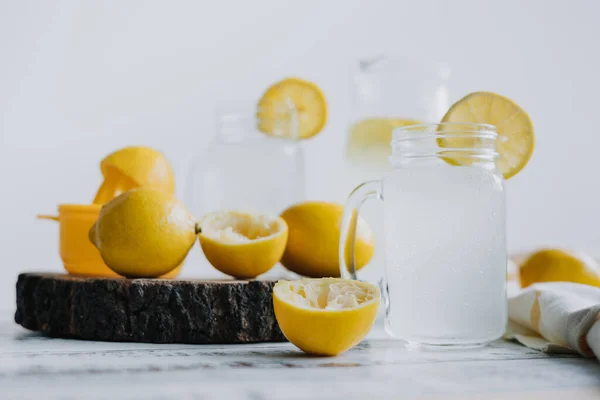 Jar Glass Lemonade Drink Yellow Lemons Lime White Background Latin — Foto de Stock