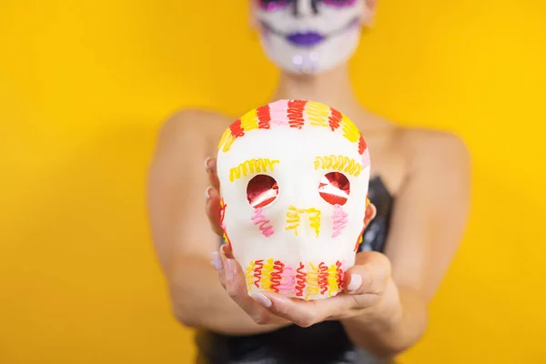 Mexicaanse Catrina Portret Van Jonge Spaanse Vrouw Met Een Suikerschedel — Stockfoto