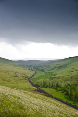 fırtınalı gökyüzü altında çakıl kırsal yol