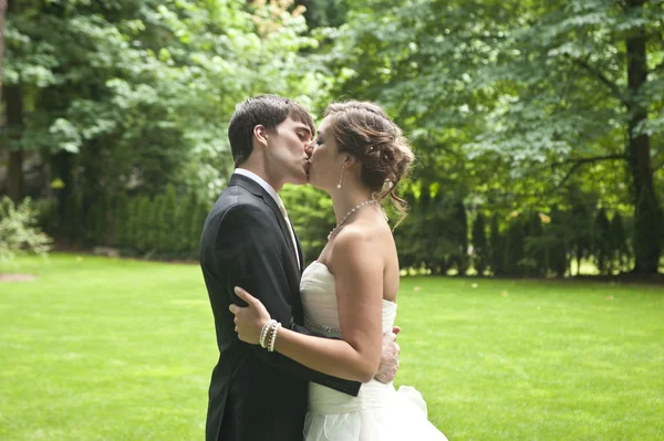 Newlyweds intimate kiss Stock Image