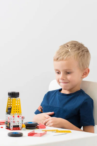 Needlework Hand Worka Little Boy Collects Children Designer Metal — Stock Photo, Image