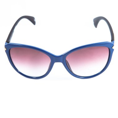 Beyaz arka planda mavi güneş gözlüğü çerçeveleri. Mavi çerçeveli güneş gözlükleri ve gözlükler..