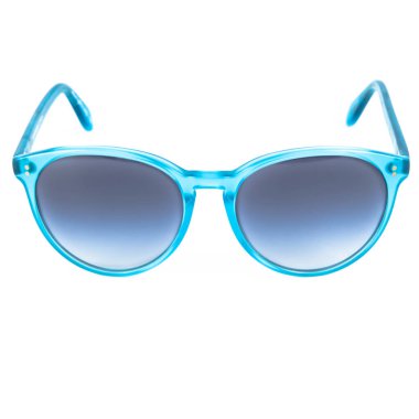 Beyaz arka planda mavi güneş gözlüğü çerçeveleri. Mavi çerçeveli güneş gözlükleri ve gözlükler..