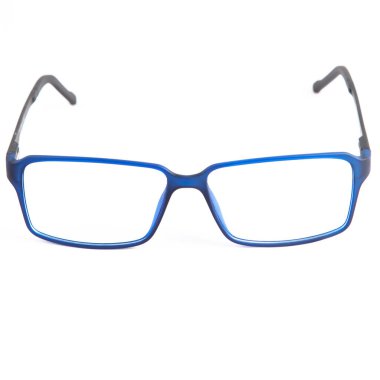 Beyaz arka planda mavi çerçeveli gözlük. Mavi çerçeveli gözlük..