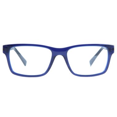 Beyaz arka planda mavi çerçeveli gözlük. Mavi çerçeveli gözlük..